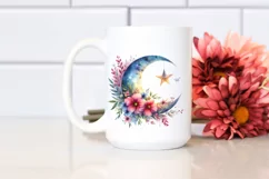 Vibrant Wimsical Moon with Flowers and Stars Clipart Product Image 2