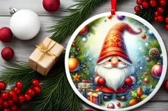 Watercolor Christmas Gnome Round Sticker Ornament PNG Product Image 2