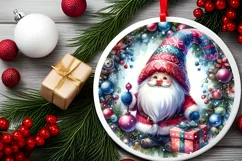 Watercolor Christmas Gnome Round Sticker Ornament PNG Product Image 2