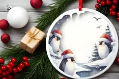 Watercolor Winter Penguin Scene Round Sticker PNG Product Image 2