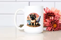 Sitting Pug in Sand with Surf and Ball | Clipart Product Image 2