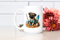 Sitting Pug in Sand with Surf and Ball | Clipart Product Image 2