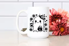 Cute Ghost Holding Coffee with Flowers PNG Product Image 2
