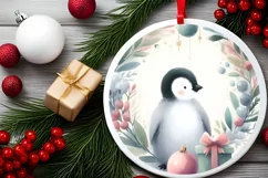 Pastel Christmas Penguin Round Ornament Sublimation PNG Product Image 2