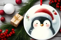 Pastel Christmas Penguin Round Ornament Sublimation PNG Product Image 2