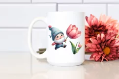 Floating Cute Gnome with Tulip | Watercolor Clipart Product Image 2
