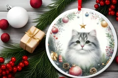 Pastel Christmas Cat Round Ornament Sublimation PNG Product Image 2