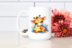 Colorful Watercolor Baby Giraffe Cuddling Star | Sublimation Product Image 2