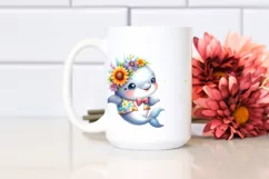 Watercolor Baby Dolphin Whimsical Flowers Clipart Product Image 2