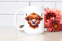 Watercolor Simple Funny Baby Face with Highland Cow PNG Product Image 2