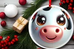 Christmas Cow Round Ornament Sublimation PNG Product Image 2
