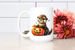 Cute Baby Otter Holding Pumpkin PNG Product Image 2