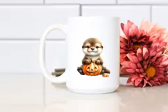Cute Baby Otter Holding Pumpkin PNG Product Image 2