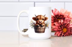 Cute Baby Highland Cow in Wood Bucket PNG Product Image 2