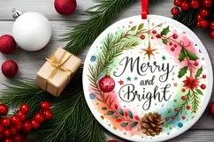 Merry and Bright Christmas Round Ornament Sublimation Product Image 1