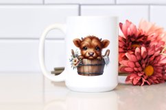 Cute Baby Highland Cow with Wood Bucket, PNG Product Image 2