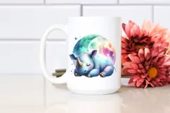 Vibrant Watercolor Rhino Sleeping on the Moon | Clipart Product Image 2