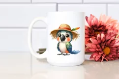 Funny Parrot Standing with Sun Hat | Watercolor Clipart Product Image 2