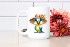 Funny Parrot Standing with Sun Hat | Watercolor Clipart Product Image 2