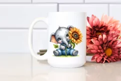 Funny Cute Baby Elephant Holding Sunflower | Clipart Product Image 2