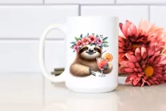 Watercolor Young Sloth Enjoying Cocktail | Summer Clipart Product Image 2