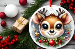 Christmas Deer Round Ornament Sublimation PNG Product Image 2