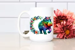Abstract Hippo with Plant Leaves and 3D Flowers PNG Product Image 2