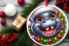 Christmas Hippo Round Ornament Sublimation PNG Product Image 2