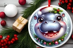 Christmas Hippo Round Ornament Sublimation PNG Product Image 2