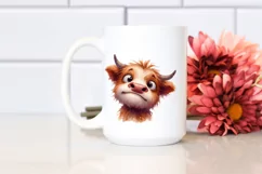 Watercolor Funny Expressive Highland Cow Baby Face PNG Product Image 2