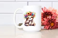 Cartoon Sloth with Flower Crown Watercolor Clipart Product Image 2