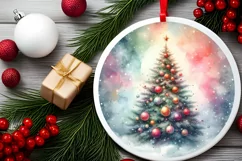 Watercolor Christmas Tree Round Ornament Sublimation PNG Product Image 2