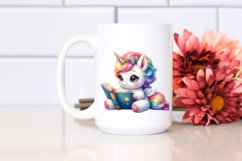 Cute Baby Unicorn Reading Watercolor Clipart Product Image 2