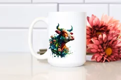 Abstract Vibrant Watercolor Cow with Plant Leaves and 3D Product Image 2