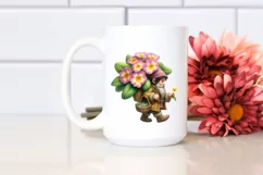 Detailed Watercolor of a Small Gnome Caring a Large Primrose Product Image 2