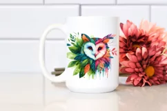 Abstract Vibrant Watercolor Owl with Plant Leaves, Product Image 2
