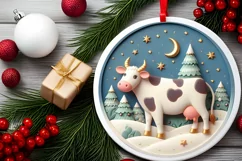 Colorful Christmas Scene with Cow Round Ornament Sublimation Product Image 2