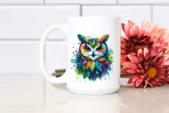 Abstract Vibrant Watercolor Owl with Plant Leaves, Product Image 2