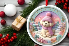 Colorful Winter Scene with Puppy Round Ornament Sublimation Product Image 2
