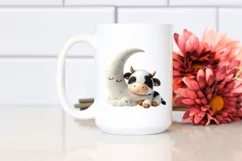 Cute Baby Cow Sleeping Moon | Watercolor Clipart Product Image 2