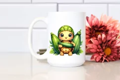 Funny Cute Baby Turtle Holding Zucchini | Watercolor Clipart Product Image 2