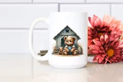 Funny Cute Baby Bear Sitting in Front of Barn | Watercolor Product Image 2