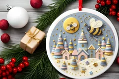 Colorful Christmas Scene with Bee Round Ornament Sublimation Product Image 2