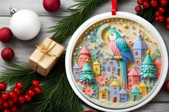 Colorful Christmas Scene with Parrot Round Ornament Product Image 2