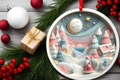 Colorful Winter Scene with Santa Round Ornament Sublimation Product Image 2