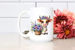 Cute Highland Cow with Lobelia in Recipient | Clipart Product Image 2