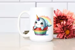 Colorful Smiling Baby Narwhal in Wooden Bucket Clipart Product Image 2