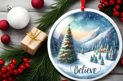 Believe Watercolor Christmas Scene Round Ornament With Text Product Image 1