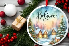 Watercolor Christmas Round Ornament Houses Believe Product Image 2