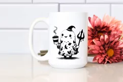 Cute Ghost Wearing Animal Print Holding Coffee PNG Product Image 2